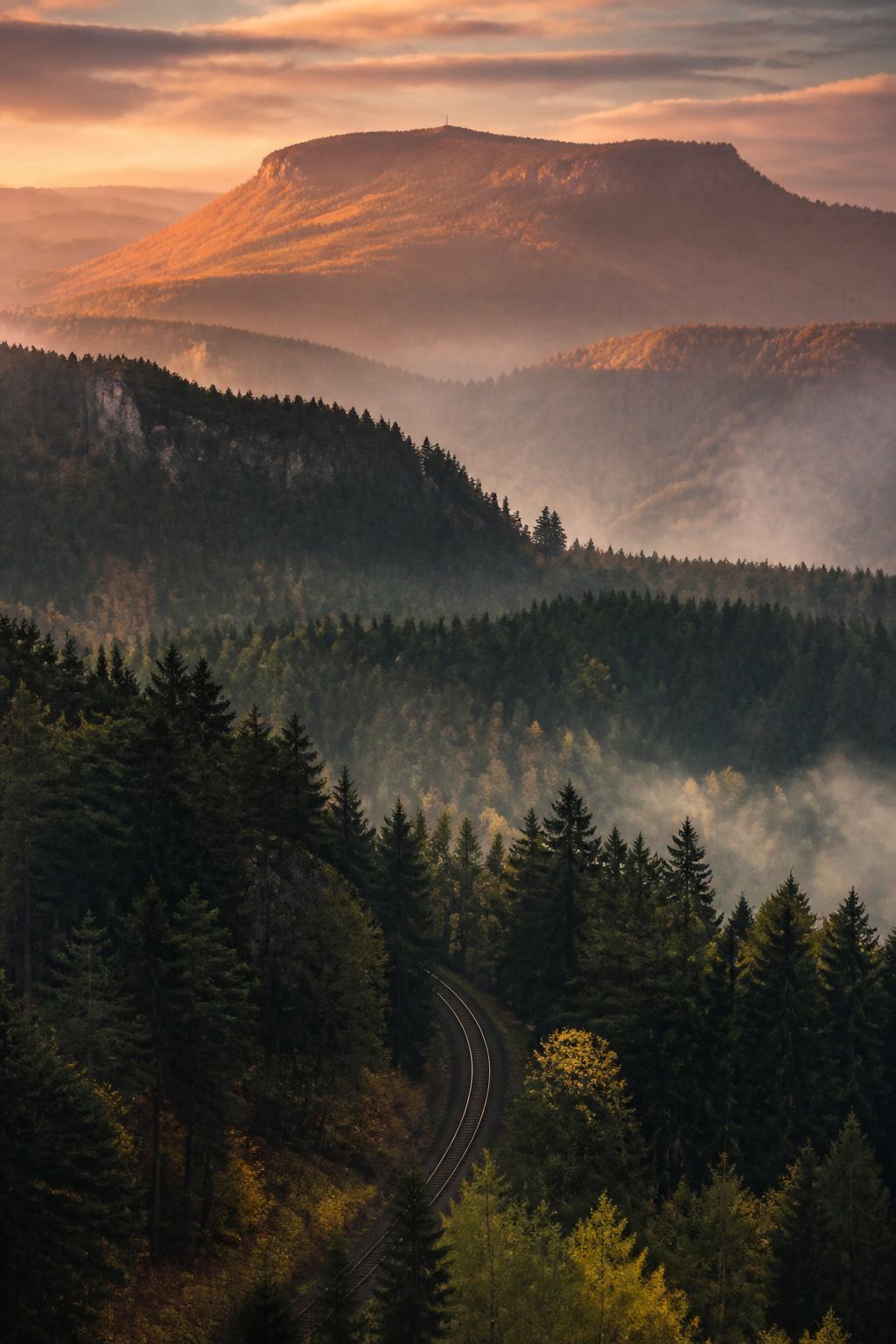 Dünne Eisenbahnlinie durch geschichtete Harzwälder und Plateaus