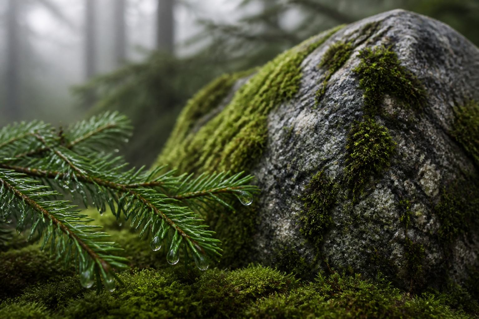 Moosiger Granitstein und Fichtenzweig im Harznebel