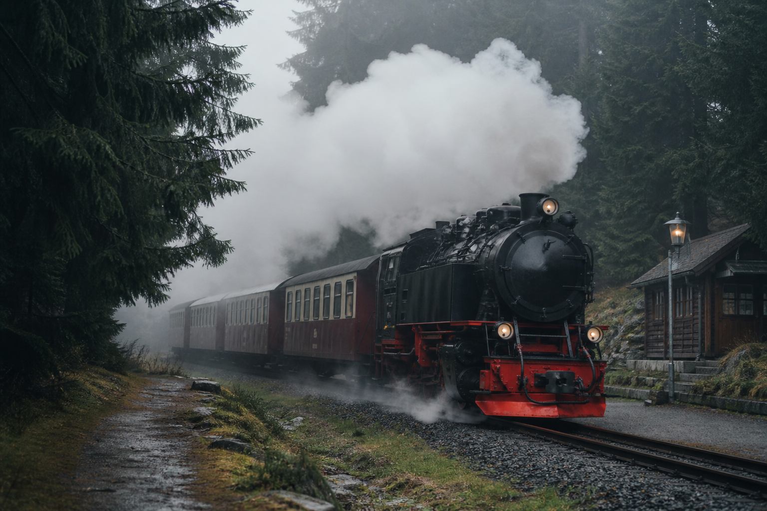 Roter Dampfzug der Harzer Schmalspurbahnen im Fichtenwald